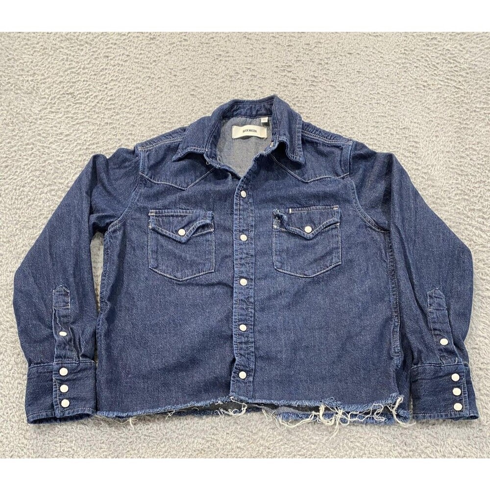 Buck Mason Shirt Womens XS Blue Denim Western Snap Button Cropped Raw Hem